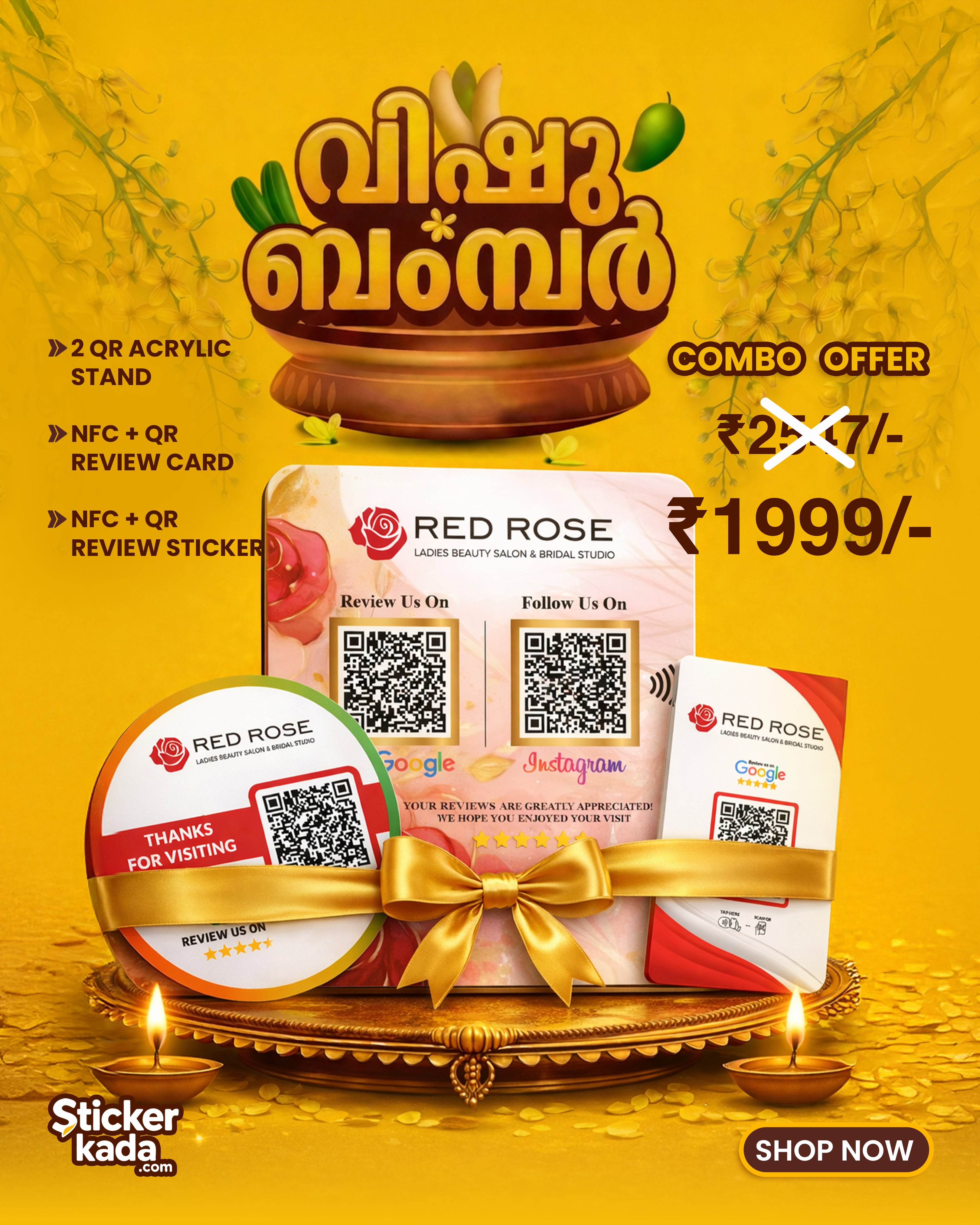 NFC + QR Review Card Combo with 2 Acrylic Stands & Review Sticker | Vishu Bumber combo offer